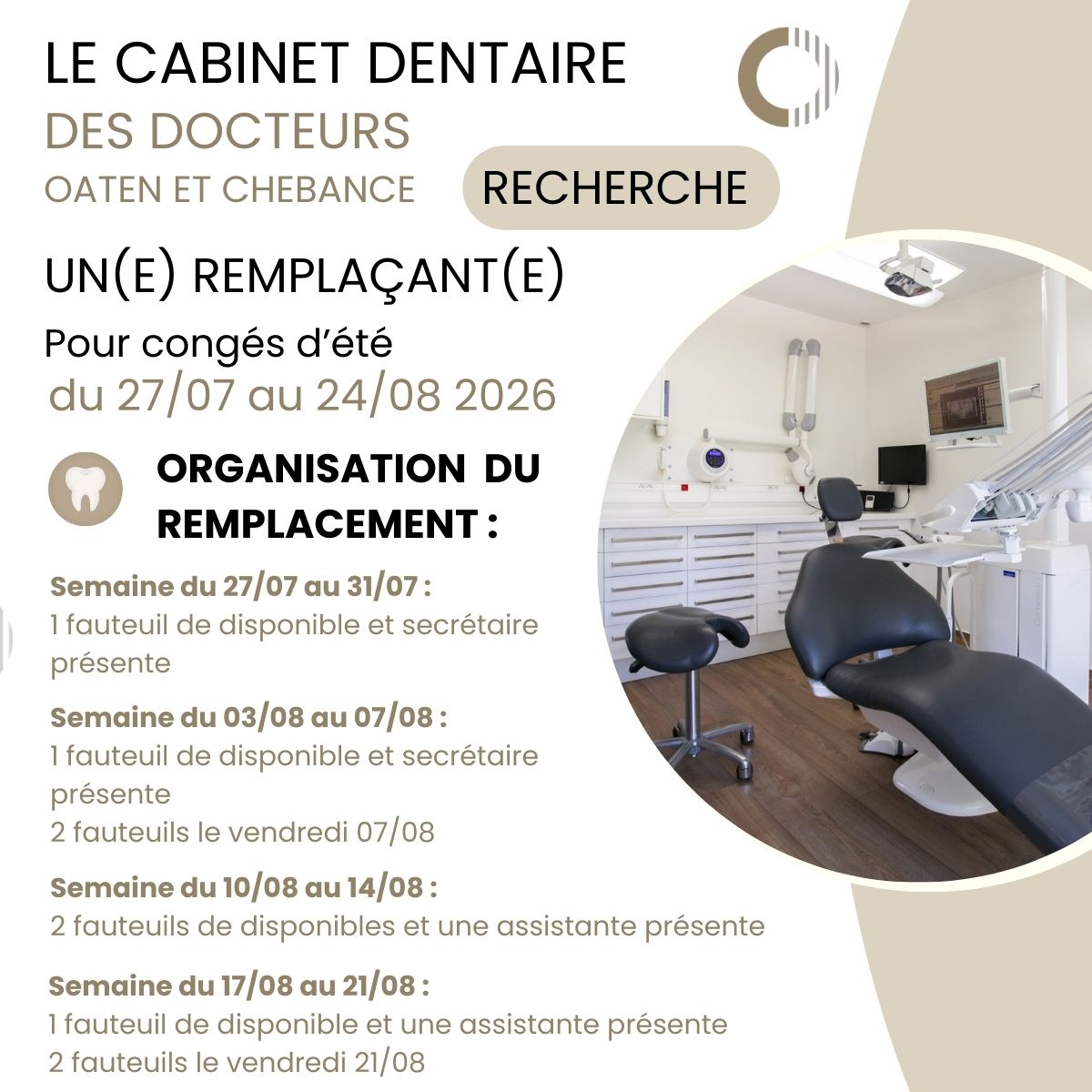 🦷 Recherche chirurgien-dentiste remplaçant(e) – Été 2026